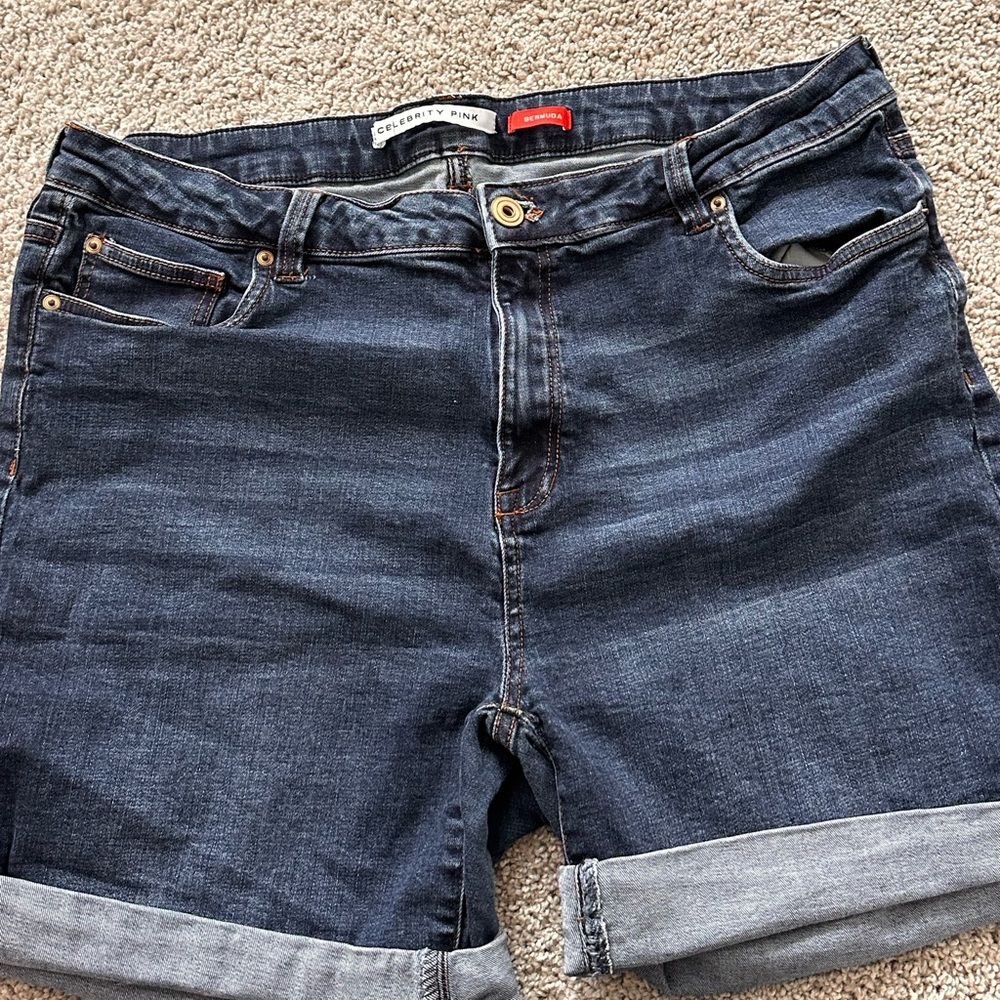 Celebrity Pink Rolled Cuff Dark Blue Denim Shorts